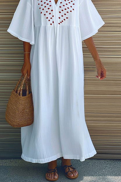 Casual Vacation Loose Dress White Floral Linen V-Neck Maxi Dress