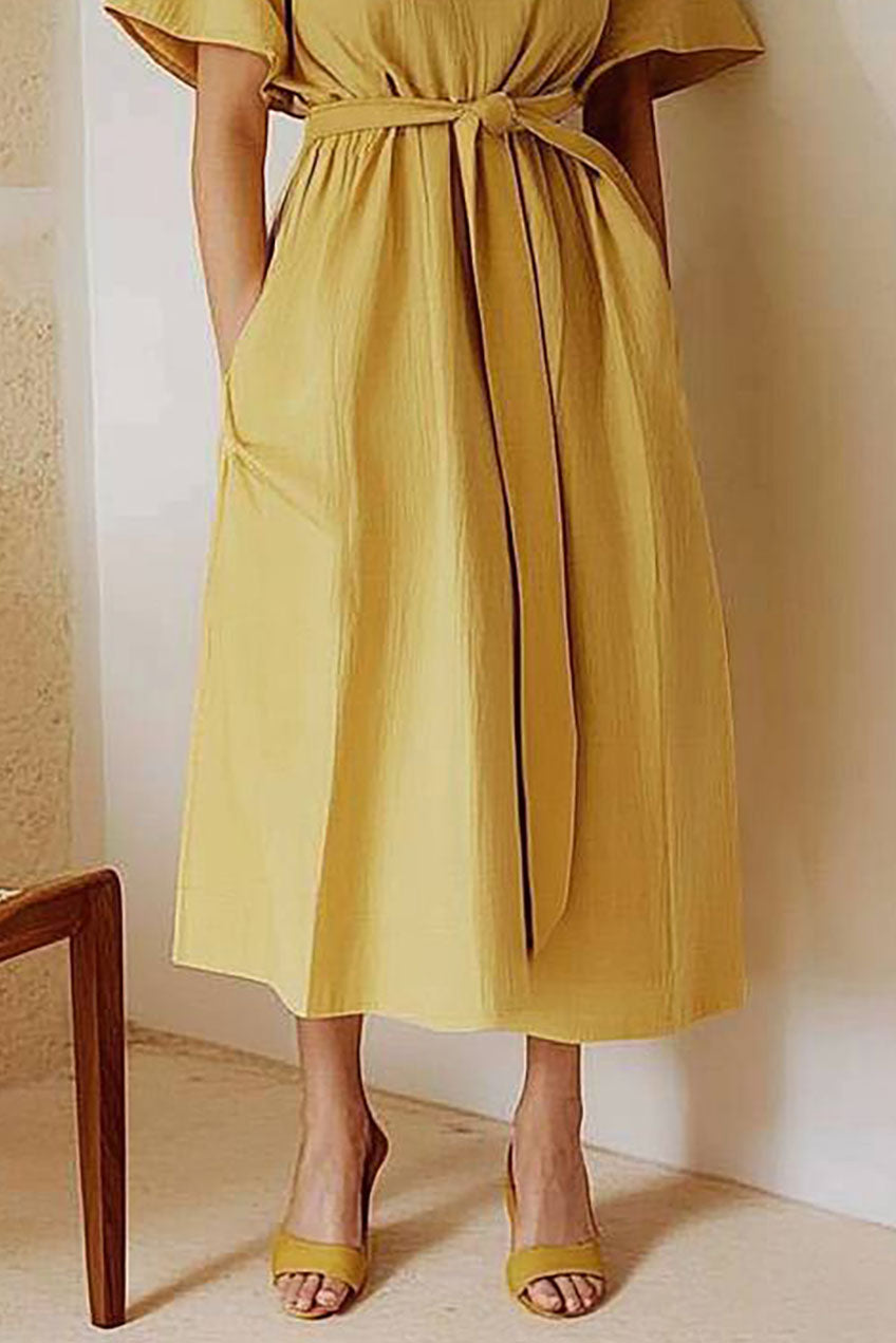 Vacation Casual Dress Yellow Linen Loose with Pockets Midi Dress