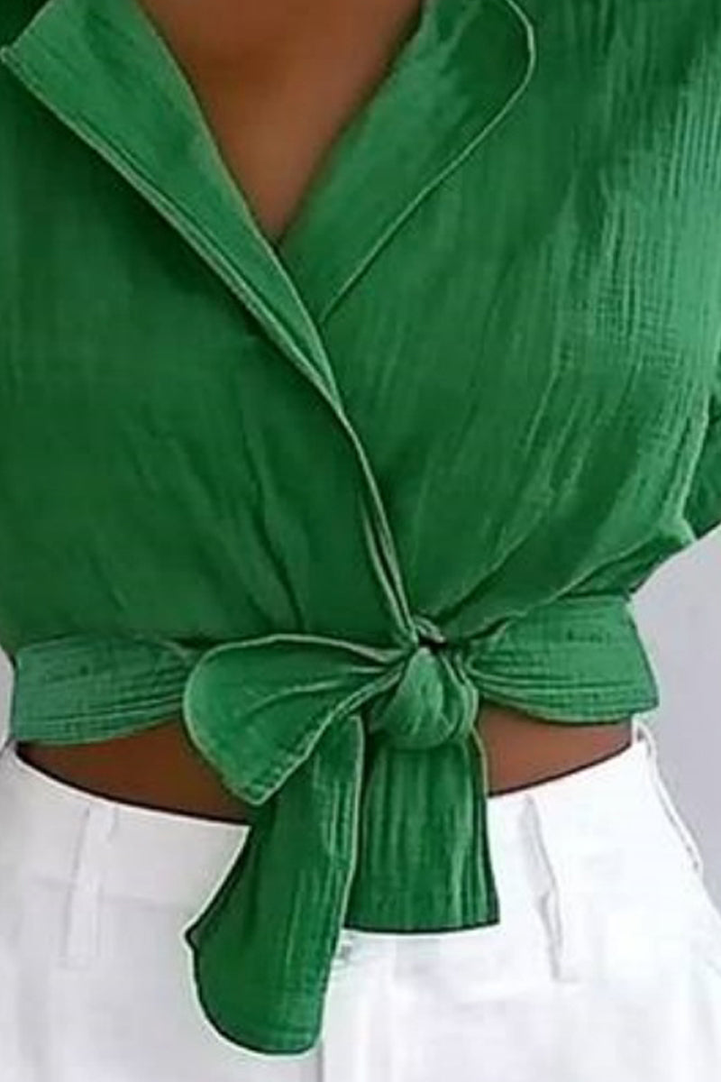 Basic Casual Top Shirt Collar Green Ruffle Lace up Short Sleeve Top