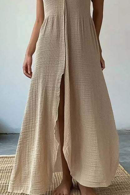 Vintage Casual Linen Dress Collared Side Split Maxi Dress