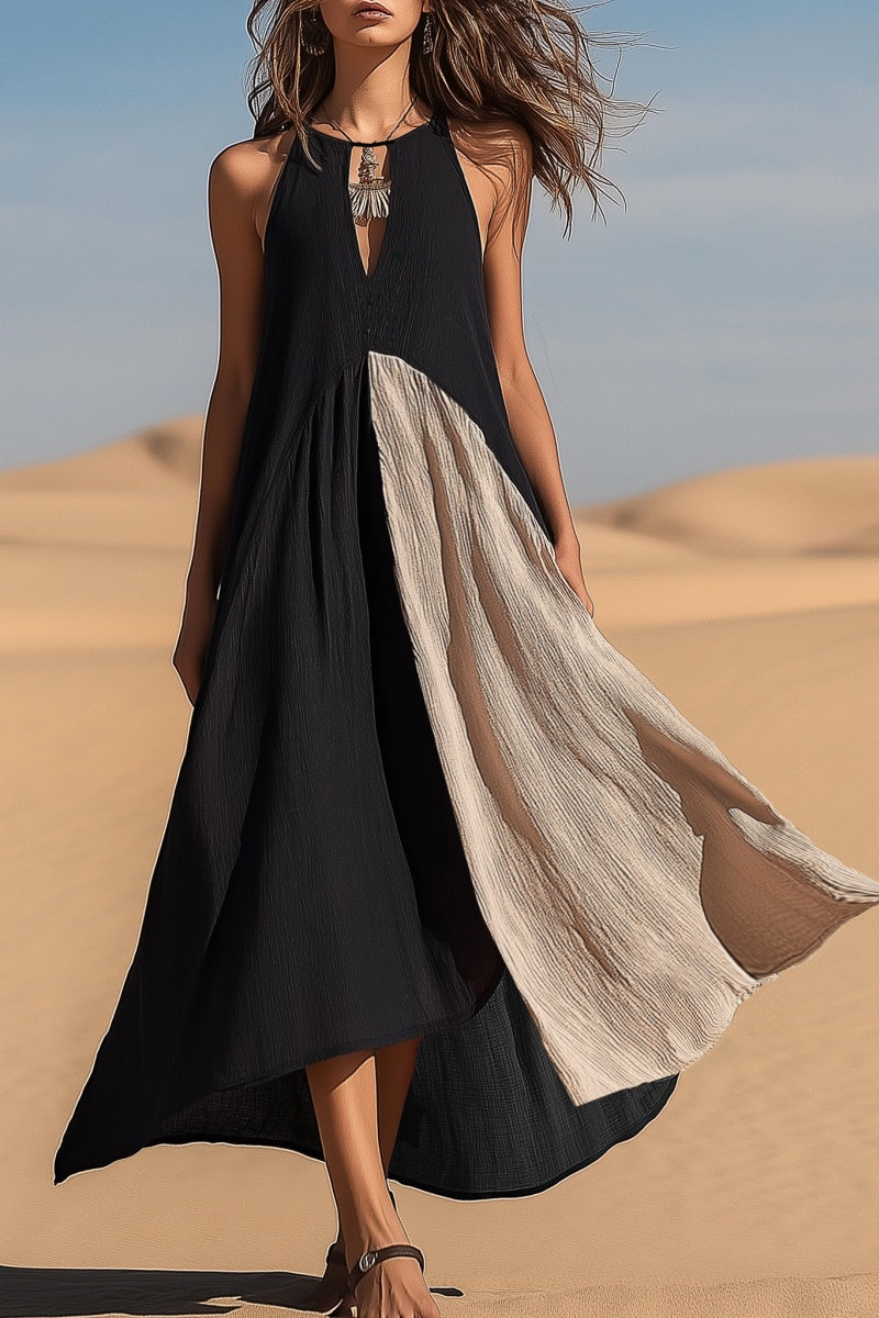 Vacation Casual Swing Loose Dress Black Crew Neck Patchwork Sleeveless Maxi Dress