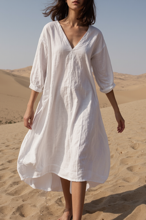 Vacation Casual Loose Dress White Crew Neck 3/4 Length Sleeve Midi Dress