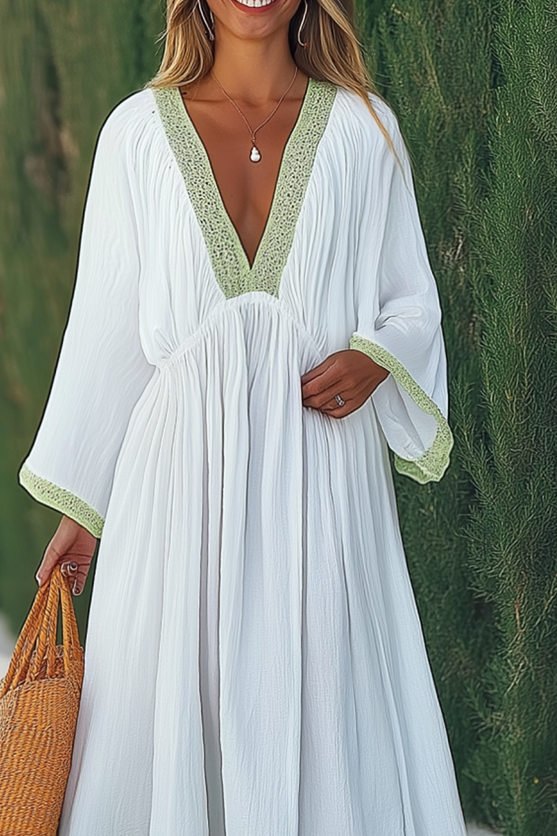 Vacation Casual Loose Dress White Green Deep V Long Sleeve Maxi Dress