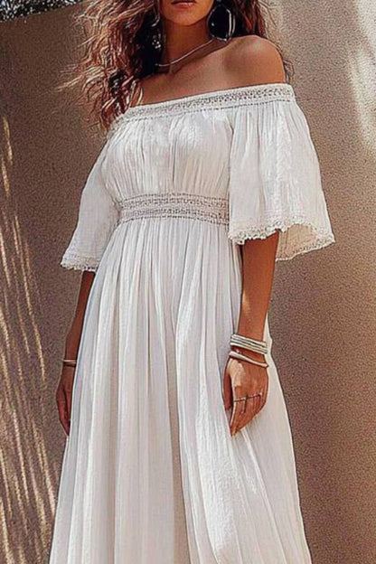 Vacation Casual Loose Dress White Off Shoulder Lace Half Sleeve Maxi Dress