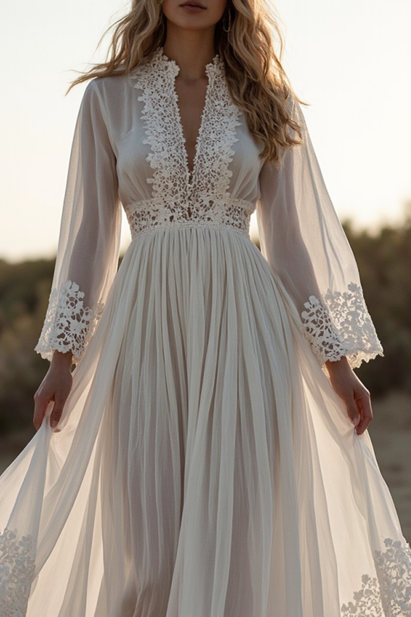 Elegant Lace Dress Regular Fit Dress White V Neck Long Sleeve Maxi Dress