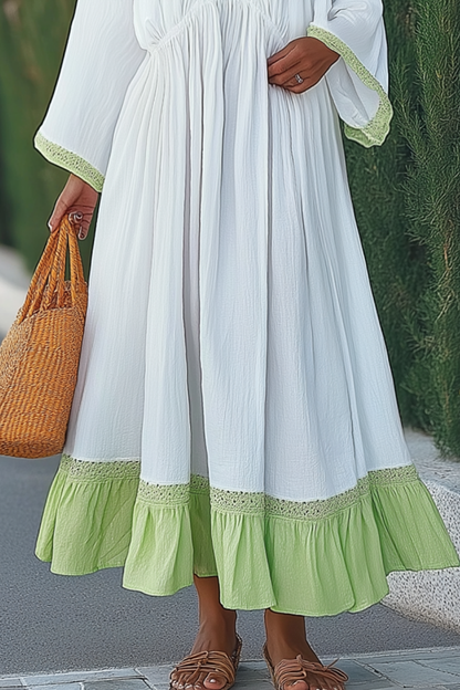 Vacation Casual Loose Dress White Green Deep V Long Sleeve Maxi Dress