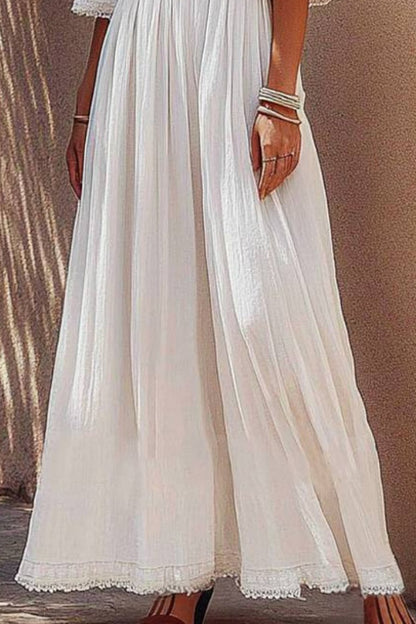 Vacation Casual Loose Dress White Off Shoulder Lace Half Sleeve Maxi Dress