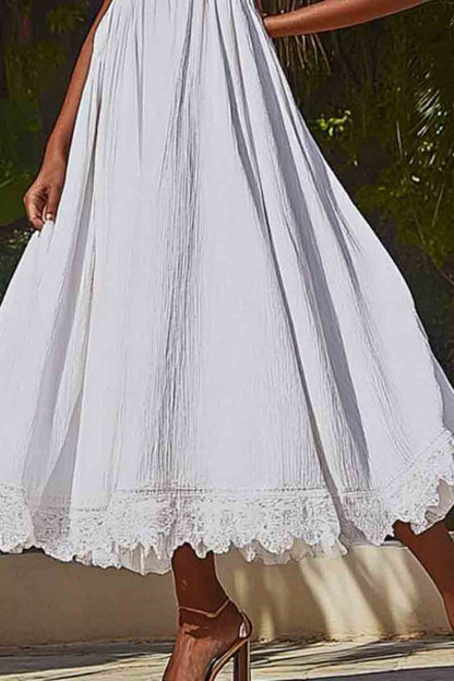 Vacation Casual Loose Dress White V Neck Lace Sleeveless Maxi Dress