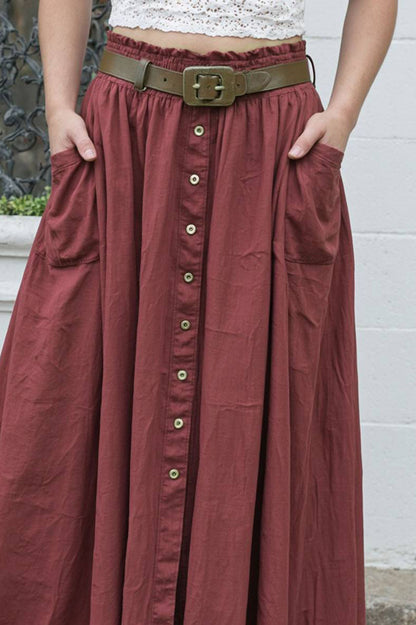 Vintage Casual Skirt With Pocketed Lace Up Tie-Belt A-Line Long Skirt