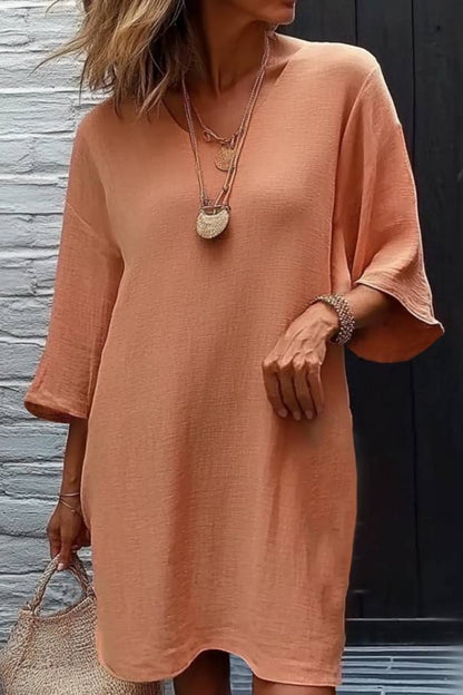 Vacation Casual Loose Dress Orange V Neck 3/4 Length Sleeve Mini Dress