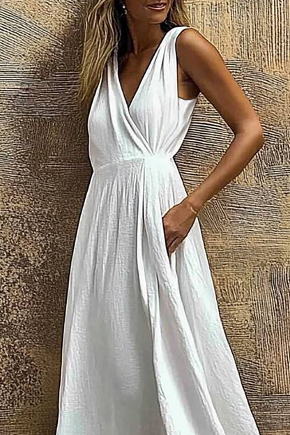 Casual Vacation Dress Sleeveless Cross Neck Pocket Maxi Dress