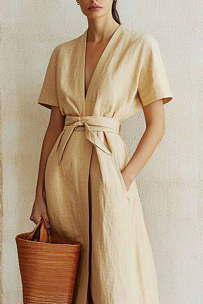 Casual Vacation Linen Dress Tie V-Neck Beige with Pockets Midi Dress