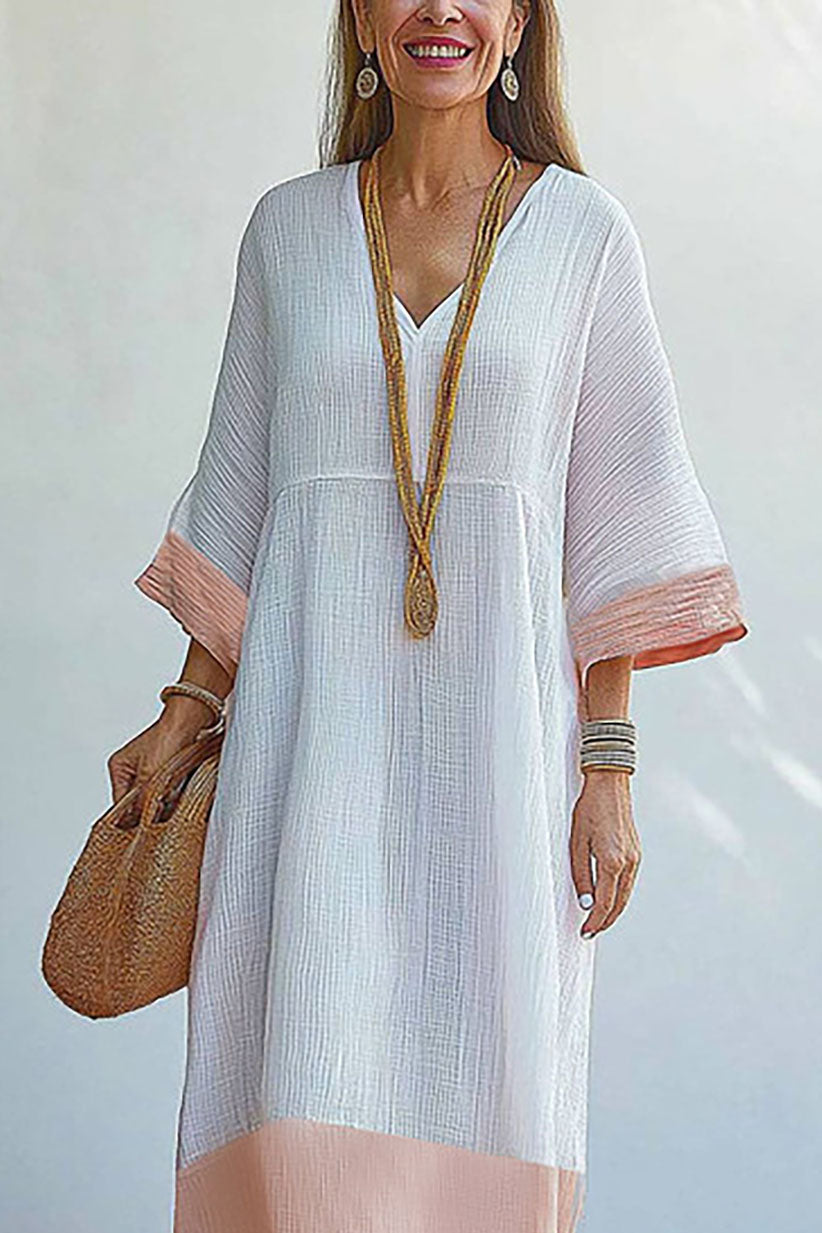 Casual Daily Loose Dress White-Orange Colorblock V-Neck Maxi Dress