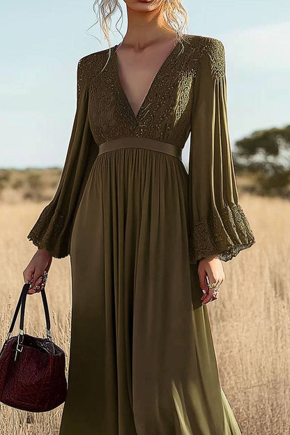 Bohemian Casual Dress Green Lace Deep V Chiffon Maxi Dress