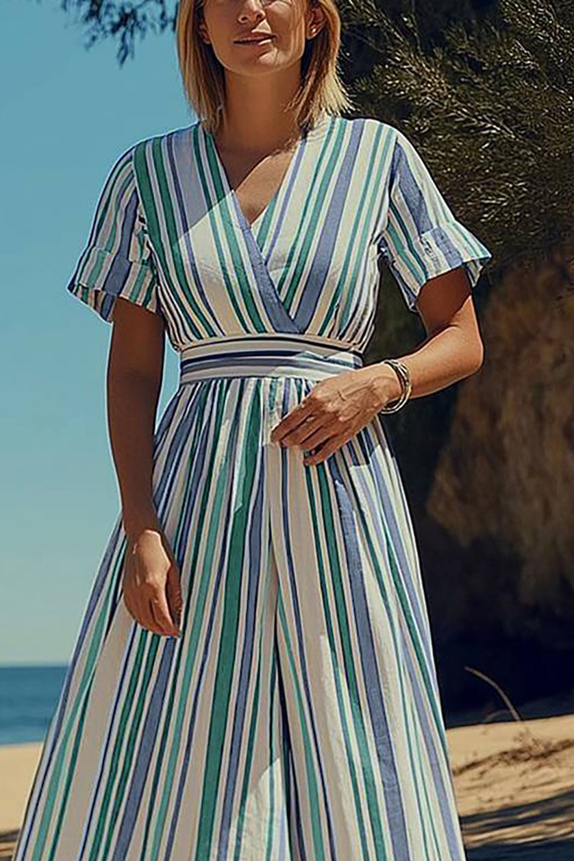 Casual Daily Striped Dress V-Neck Blue, White, and Green Short Sleeve Maxi Dress