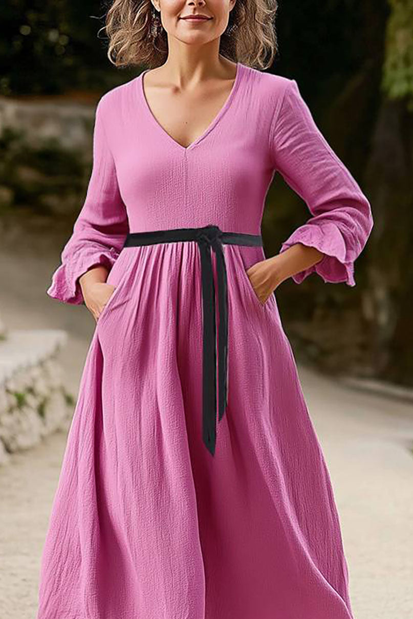 Vintage Casual Dress V-Neck Long Sleeve Rose Belted Midi Dress