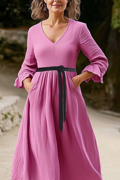 Vintage Casual Dress V-Neck Long Sleeve Rose Belted Midi Dress