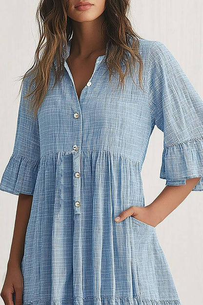 Daily Casual Linen Dress Ruffled Button-Down with Pockets Knee-Length Dress