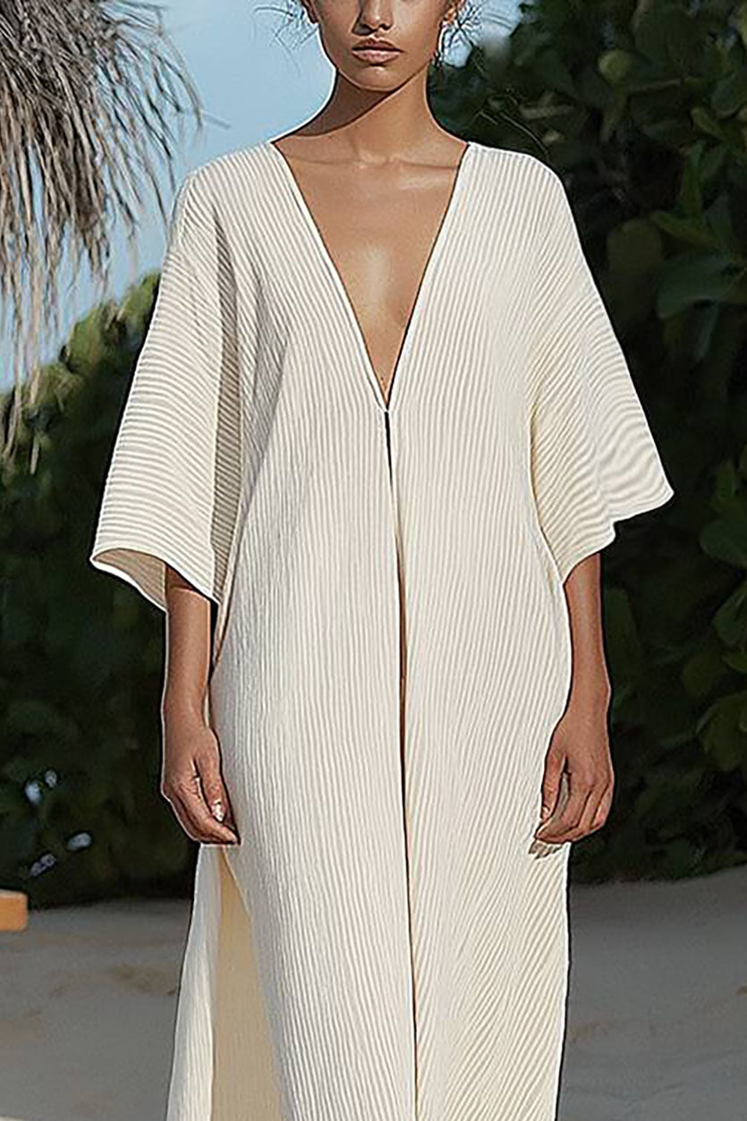 Casual Vacation Loose Dress Pleated Deep V Off-White Maxi Dress