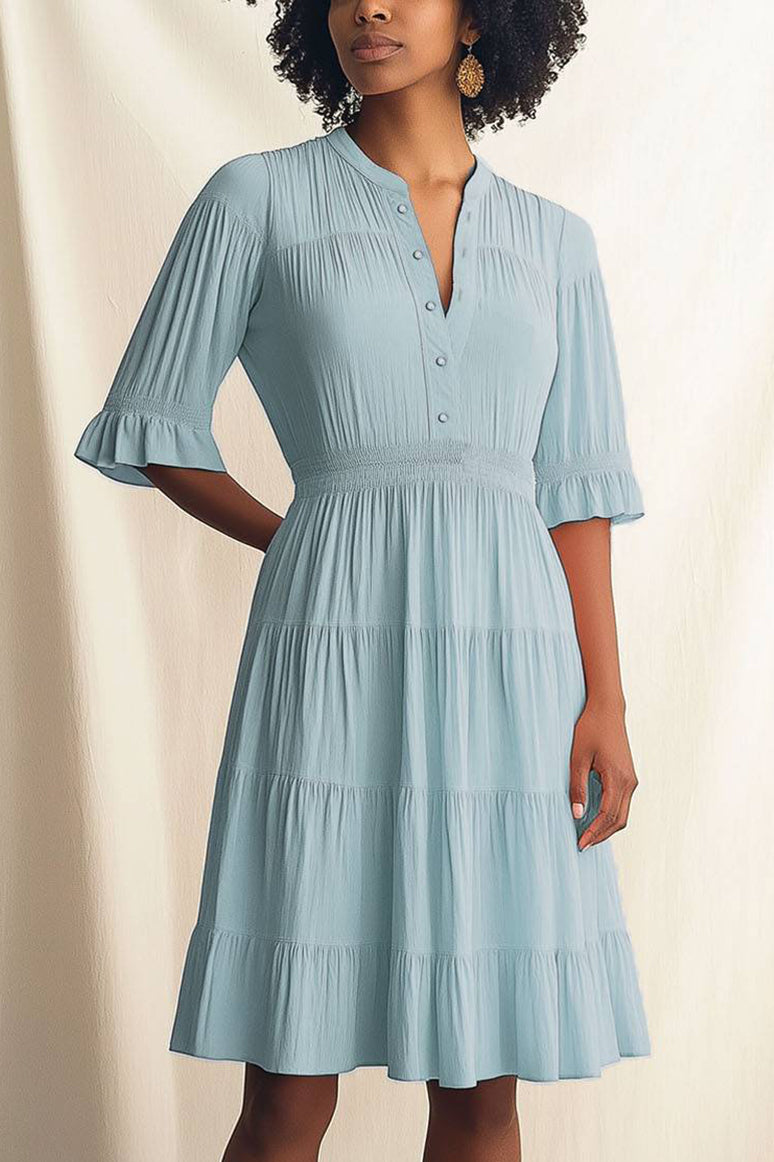 Bohemian Dress Collarless Button-Down Ruffled Knee-Length Dress