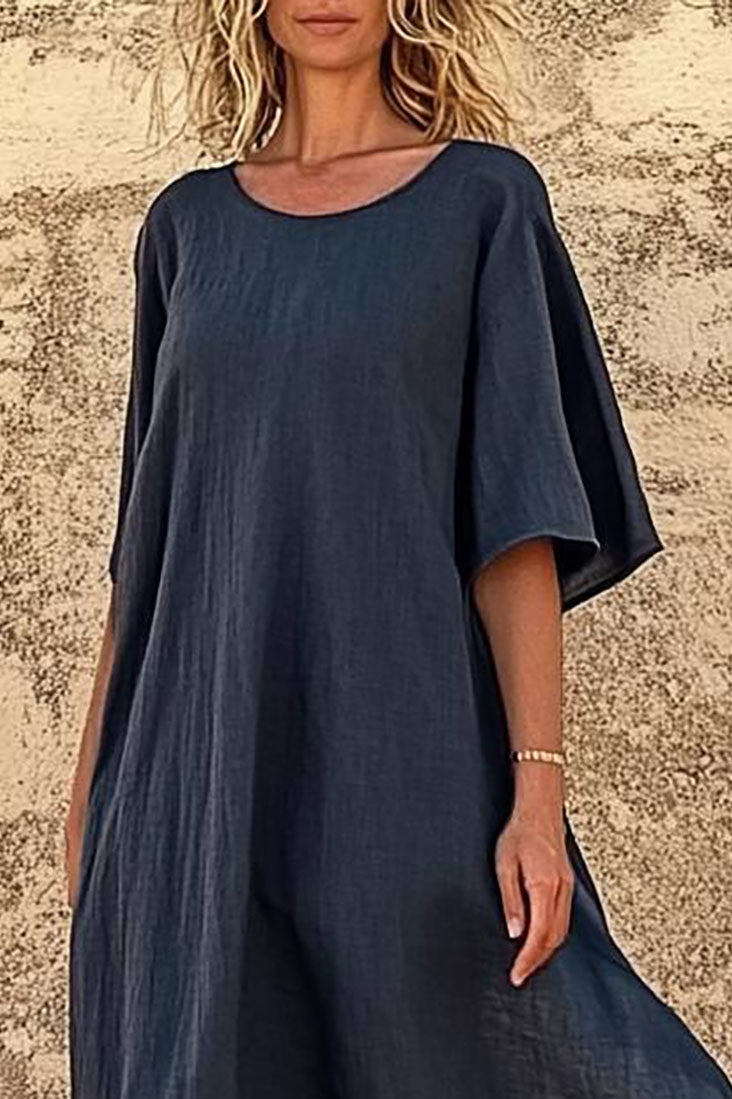 Casual Daily Loose Dress Linen Round Neck Short Sleeve Midi Dress