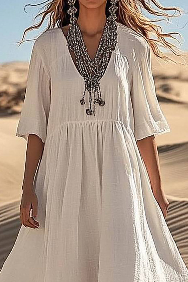 Bohemian Vacation Dress Deep V-neck Loose Flared Maxi Dress