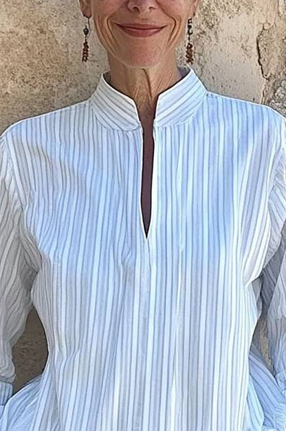 Daily Casual Top Stand Collar Striped Long Sleeve Shirt