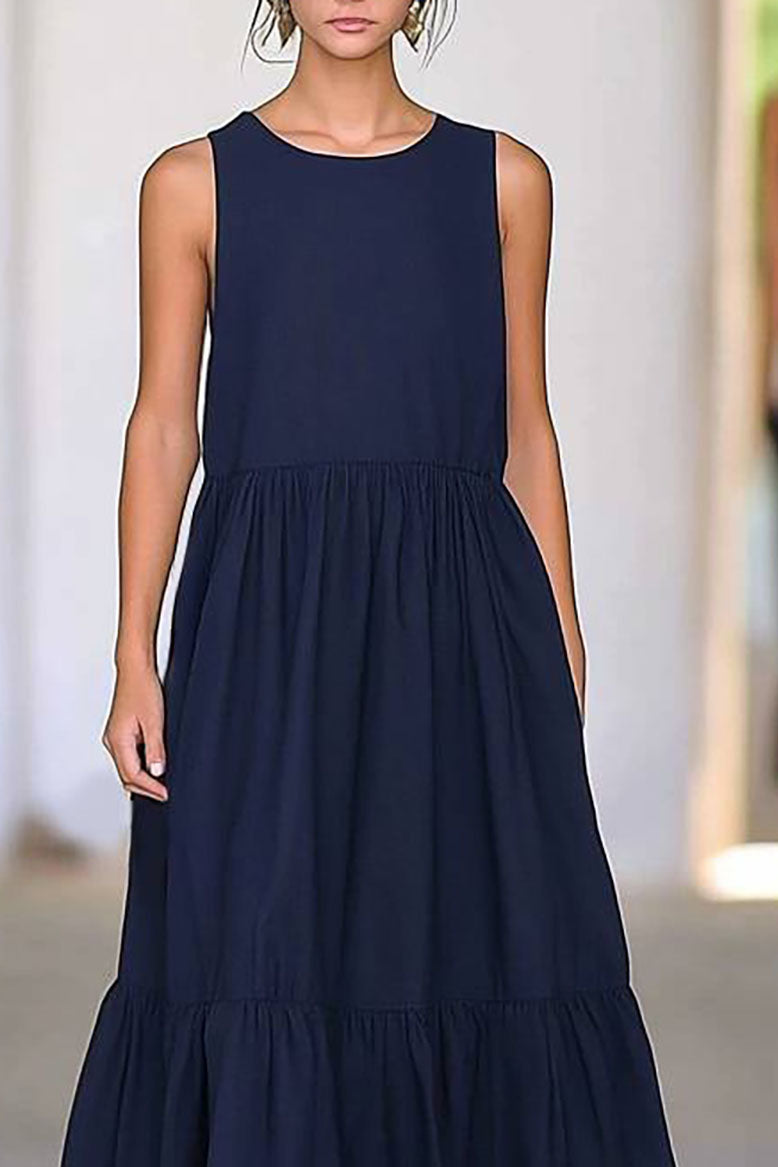 Casual Daily Sleeveless Dress Navy Loose Fit Crew Neck Maxi Dress