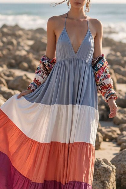 Beach Vacation Dress Halter Deep V Color Block Maxi Dress