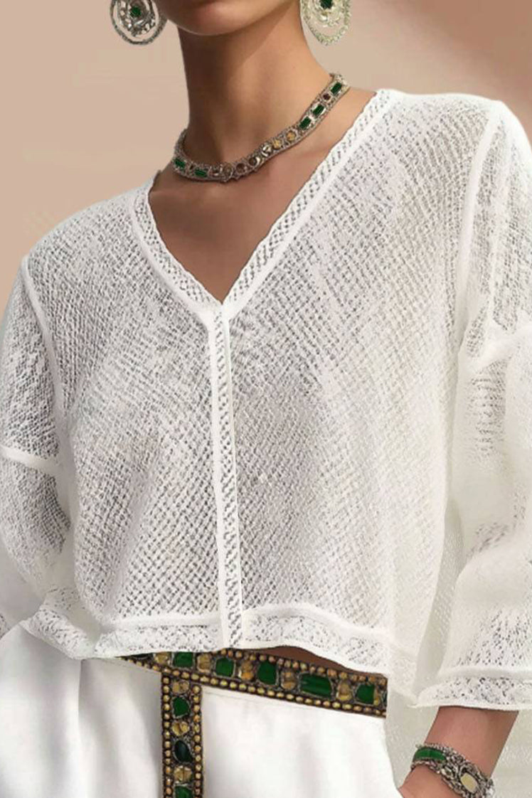 Casual Vacation Blouse V-Neck Mesh Lace Trim Short Sleeve Top