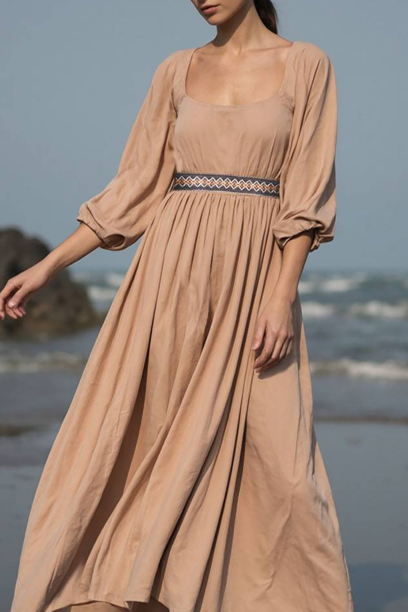 Bohemian Casual Dress Light Brown U-Neck Midi Dress