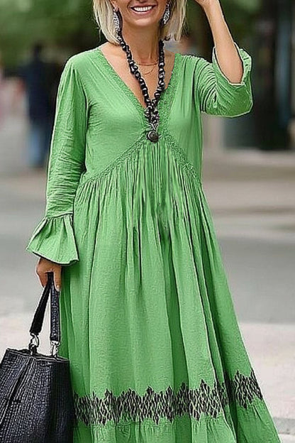 Casual Daily Loose Dress Green V-Neck Ruffle Long Sleeve Maxi Dress