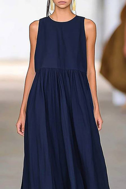 Casual Vacation Loose Dress Navy Crew Neck Sleeveless Maxi Dress