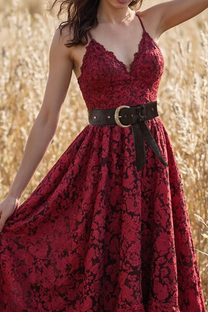 Bohemian Lace Dress Suspenders with Belt Midi Dress