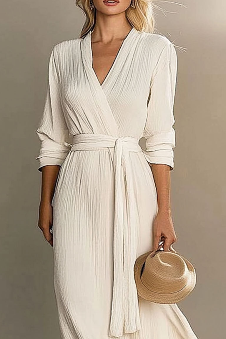 Vacation Casual Linen Dress Cross Neck Long Sleeve Lace-up Maxi Dress