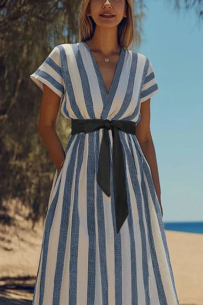 Casual Daily Striped Dress Tied V-Neck Blue and White Short Sleeve Maxi Dress