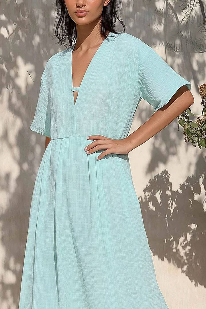 Vacation Casual Loose Dress Linen Deep V-Neck Light Green Half Sleeve Maxi Dress