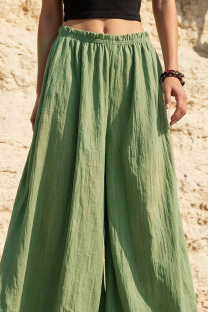 Vintage Bohemian Long Pants Elastic Waist Green Wide-leg Pants