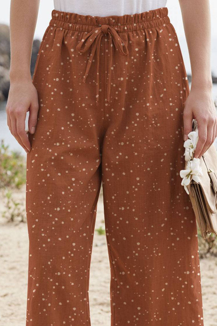 Casual Daily Print Pants Brown Linen Floral Drawstring Straight-Leg Pants