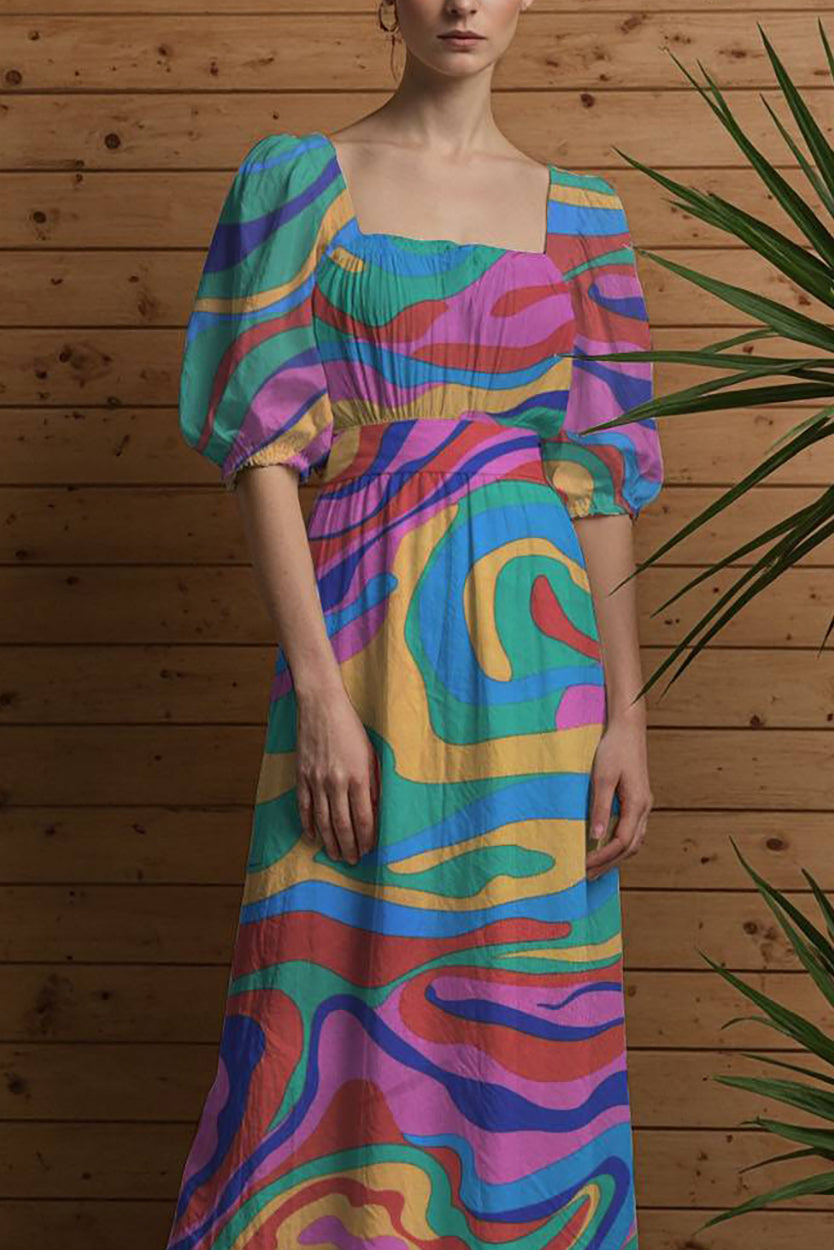 Vacation Casual Floral Dress Multi-color Bubble Sleeve Square Neck Maxi Dress