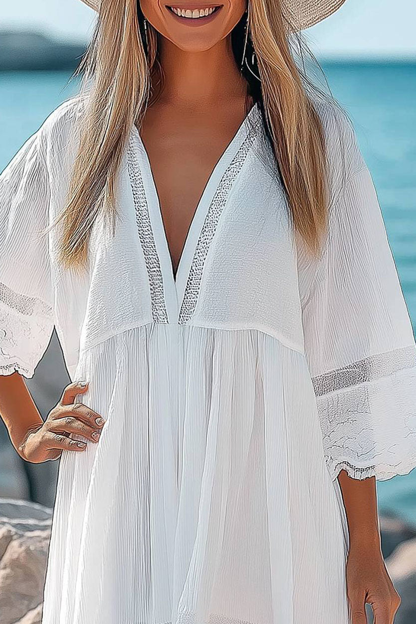 Vacation Beach Dress White Lace Panel Deep V Floral Trim Mini Dress