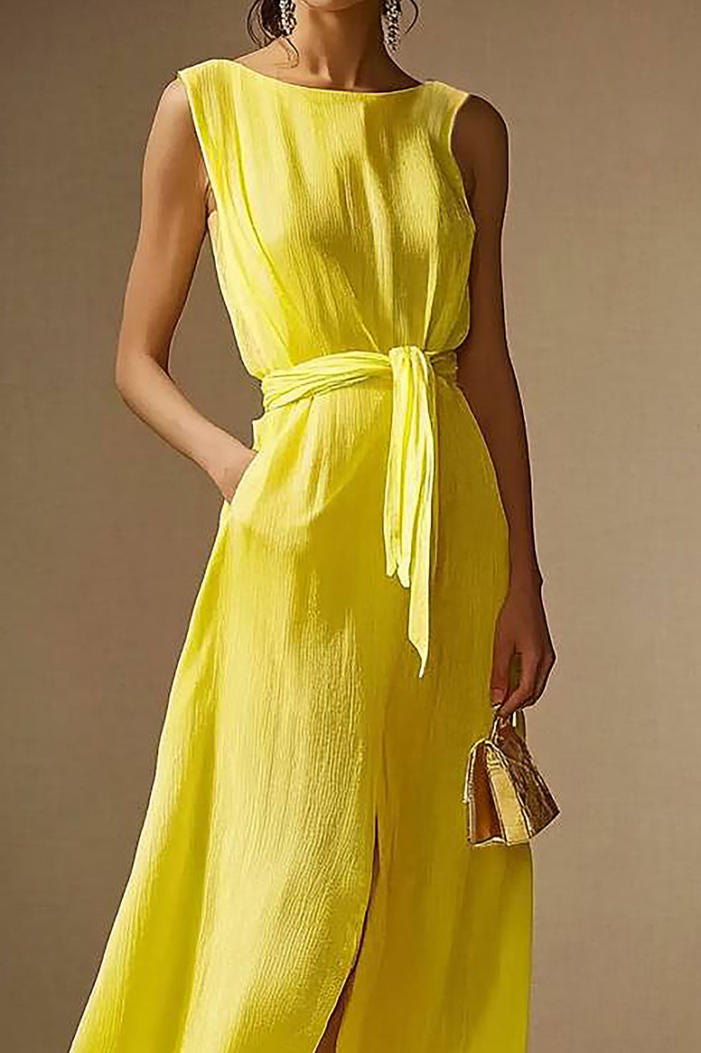 Daily Vacation Dress Sleeveless Round Neck Pocket Side Split Maxi Dress