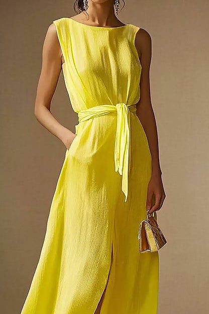 Daily Vacation Dress Sleeveless Round Neck Pocket Side Split Maxi Dress