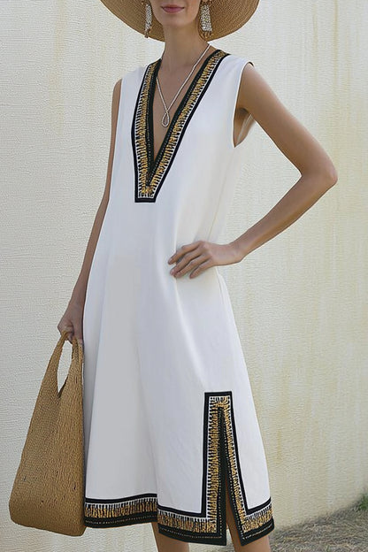 Chic Vacation Dress White Sleeveless Deep V-Neck Vintage Slit Midi Dress