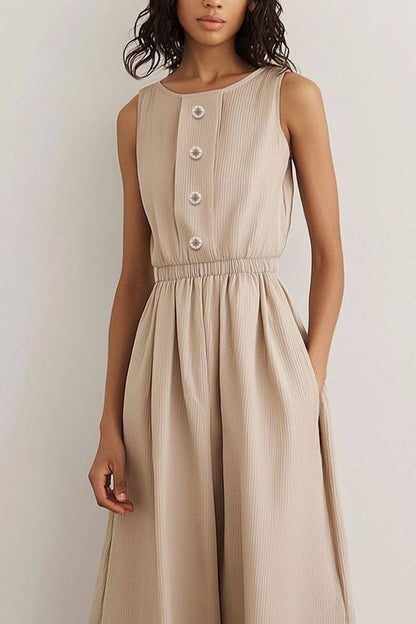 Casual Linen Dress with Pockets Round Neck Sleeveless Elastic Waist Midi Dress