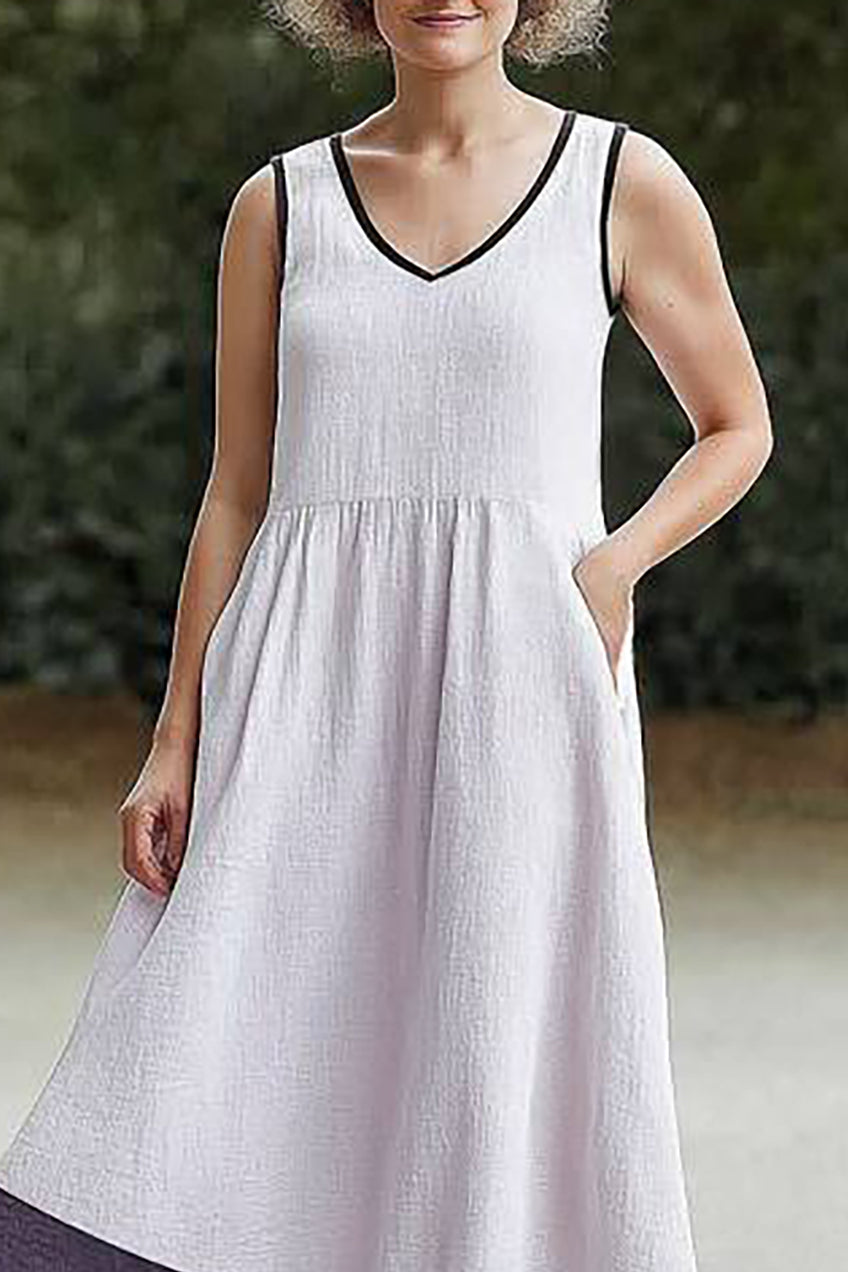 Casual Daily Linen Dress Sleeveless V-Neck Light Grey Pocket Midi Dress