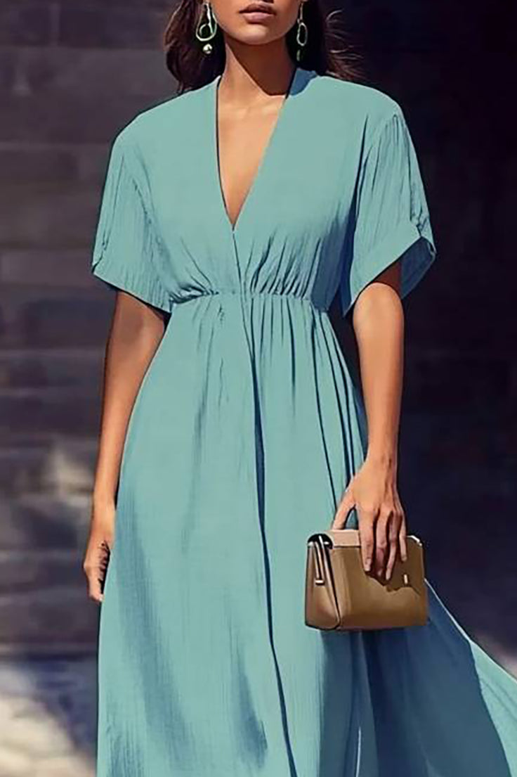 Beach Vacation Dress Linen Deep V Elastic Waist Loose Maxi Dress