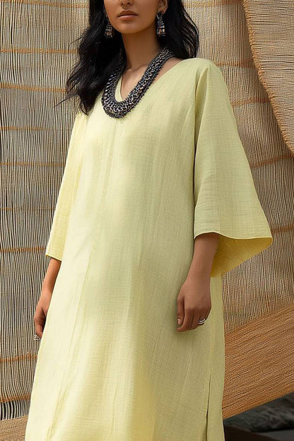 Casual Daily Loose Dress Yellow Light Yellow Linen V-Neck Maxi Dress