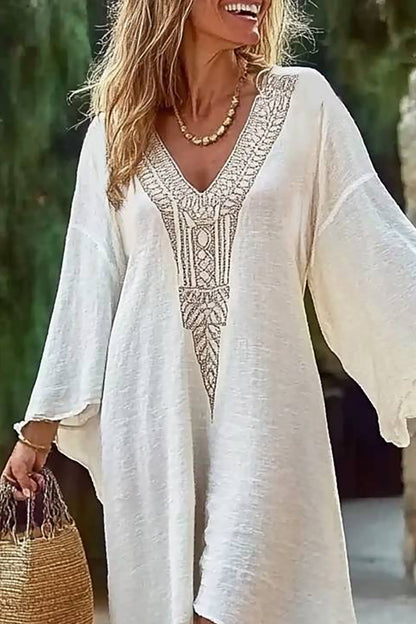 Bohemian Vacation Dress Deep V Loose Linen Maxi Dress