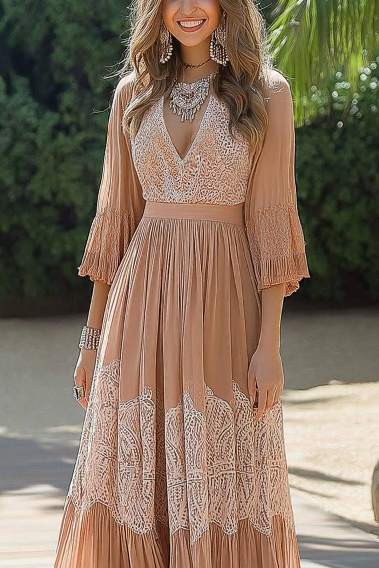 Vacation Bohemian Dress Lace V-Neck Light Orange Floor-Length Dress